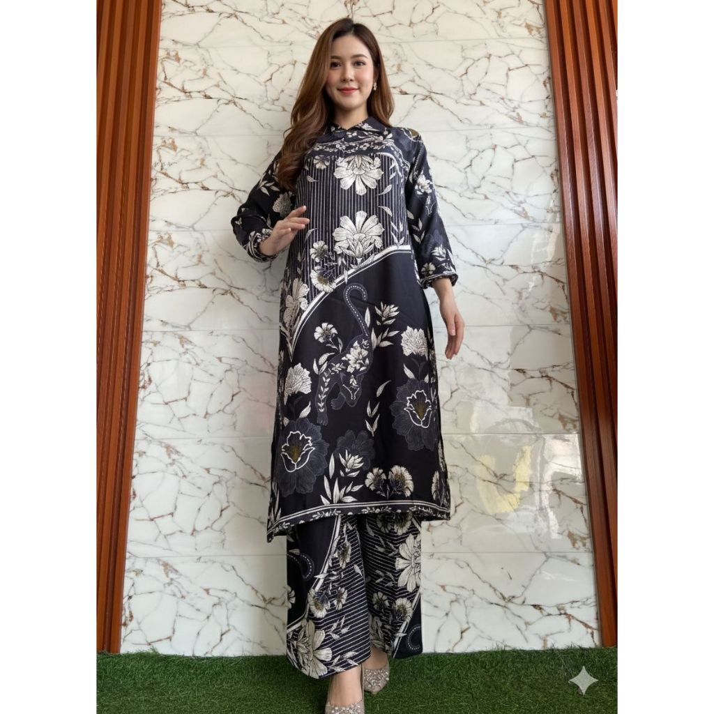 Oneset Long Tunik Setalan Baju Muslim Wanita// Setelan Long Tunik Rayon Motif Premium// Celana Kulot