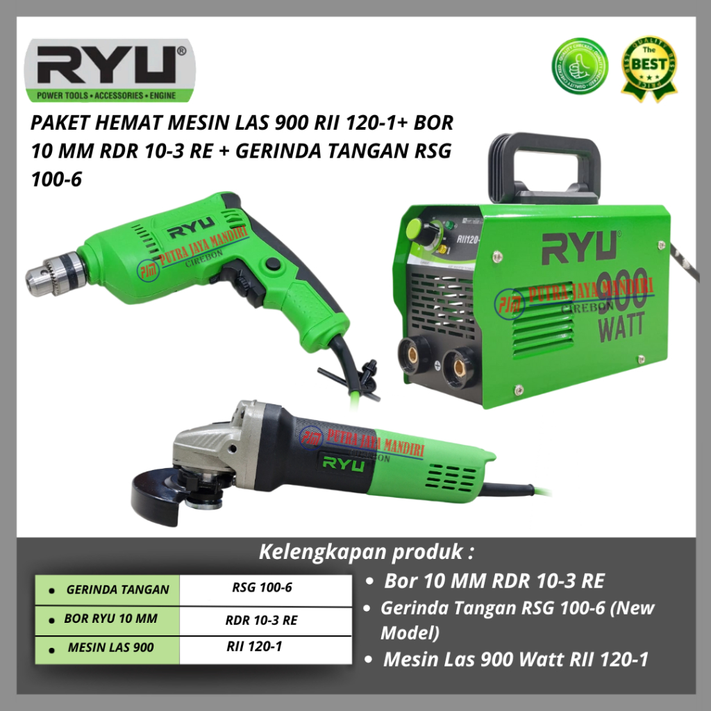 Paket Hemat Mesin Las 900Watt Ryu + Bor 10 Mm Ryu + Gerinda 4 Inch Ryu