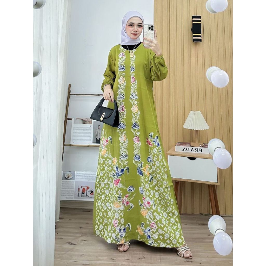 Gamis Batik Encim Adem Nyaman Panjang Muslimah-Hijau cagak
