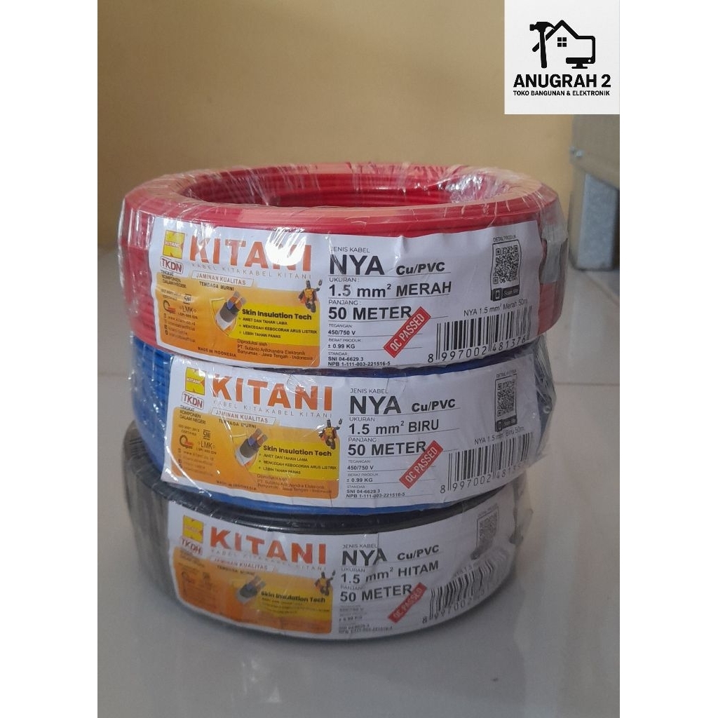 Kabel KITANI NYA 1.5mm² 50m – Kabel Listrik Tembaga SNI (Merah Biru Hitam)