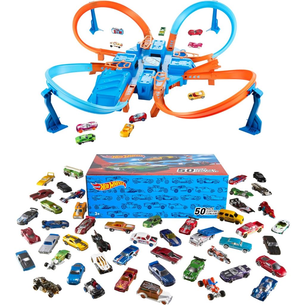 Hot Wheels 50 Pack (Styles May Vary) AND Hot Wheels Criss Cross Crash Track Set