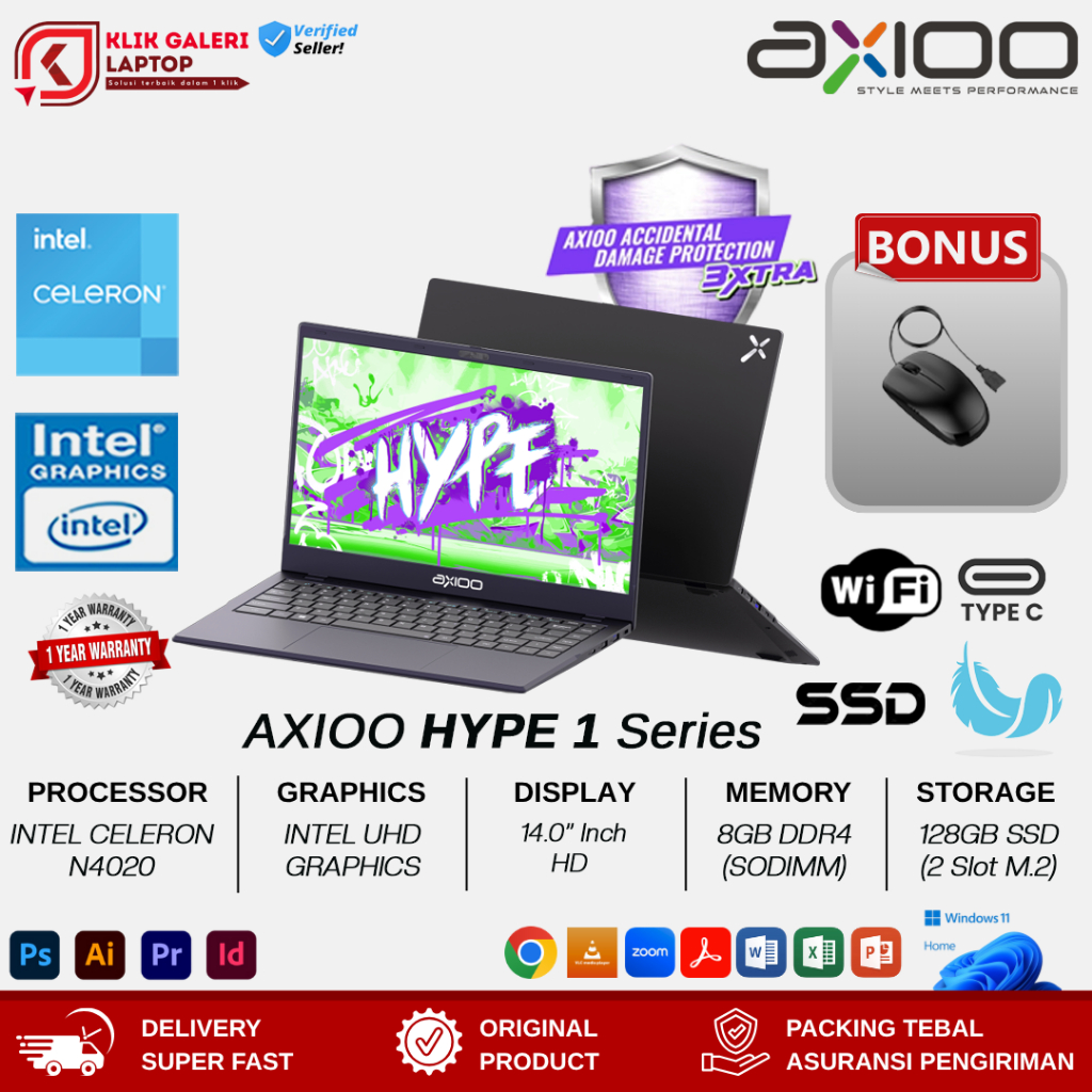 Laptop Axioo Hype 1 Intel N4020 RAM 8GB 512GB SSD Win 11 Original Resmi Special Edition JKT48 + ADP