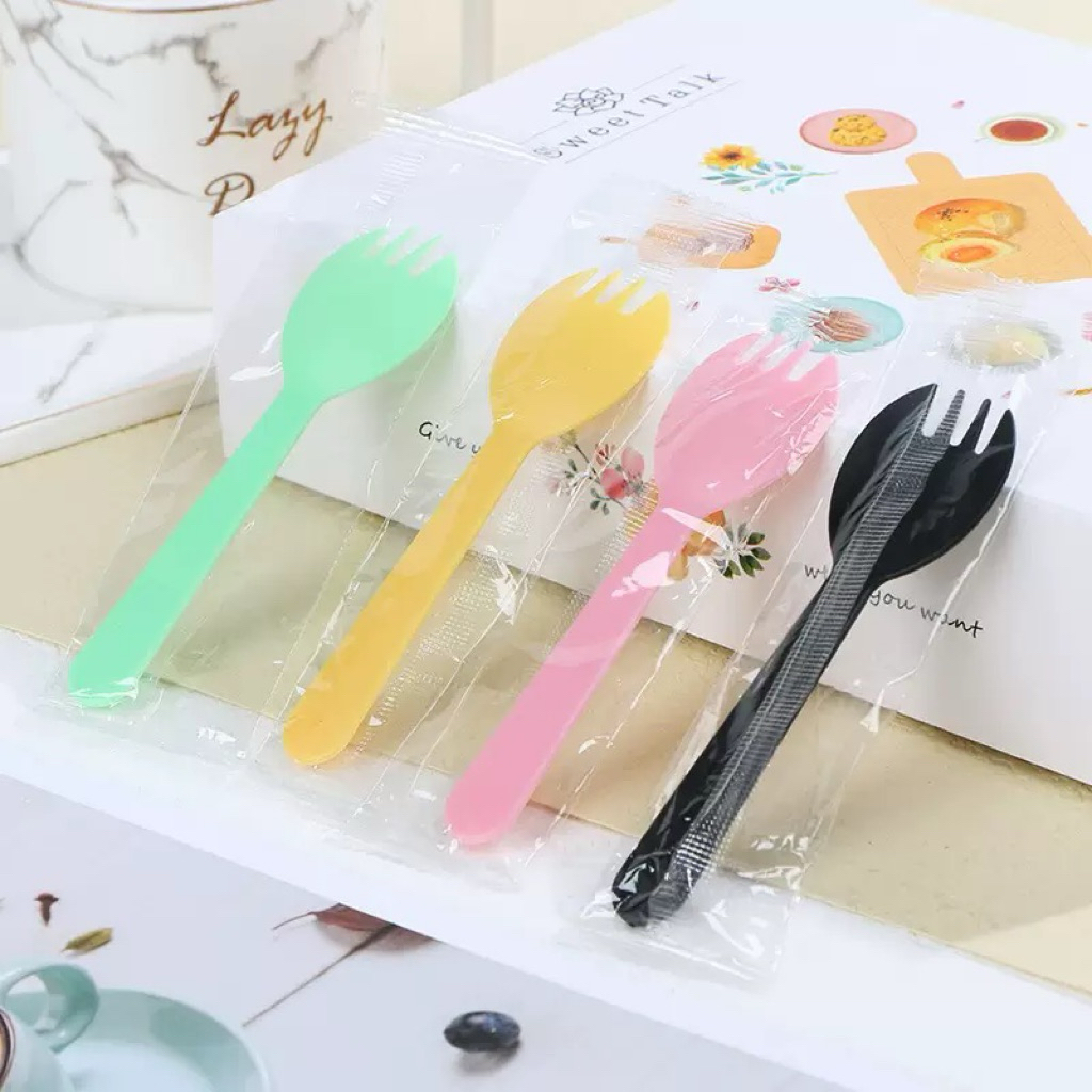 [8009] (5/10pcs) Sendok Garpu Plastik Mini Warna Black | Spork Dessert Pudding Jelly – Unibox.id