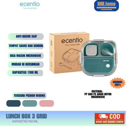 ecentio Kotak Makan/lunch box 3 Grid 1100ml + 100ml