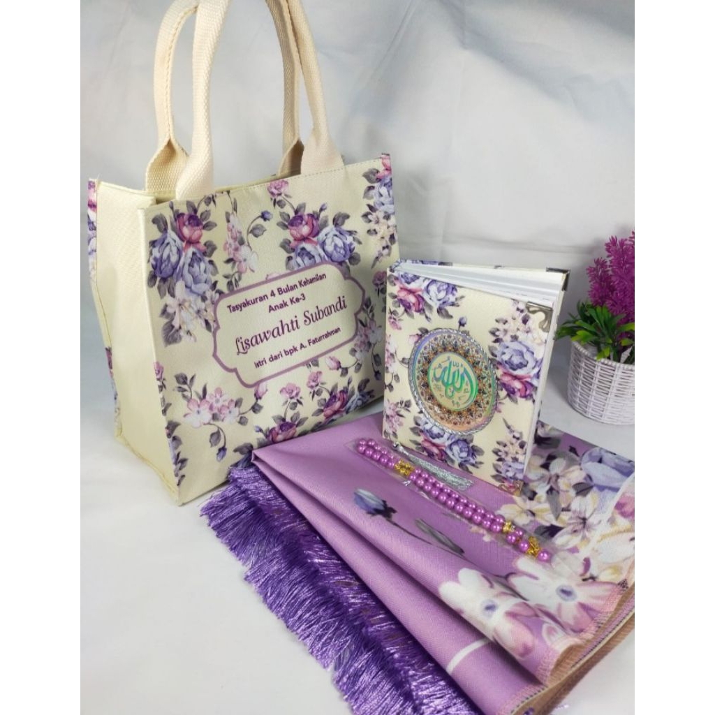 Souvenir Tahlilan 40 hari 100 hari Tahunan paket isi Sejadah Custom, Buku Yasin, Tasbih Packinf Tas 