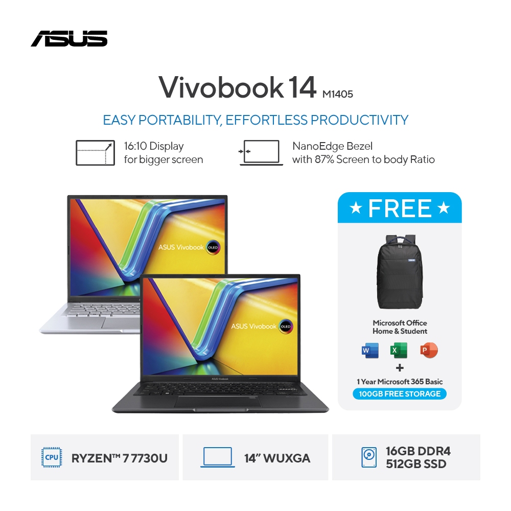 Asus Vivobook 14 M1405YA AMD Ryzen 7 7730U Ram 16GB 1TB SSD WINDOWS 11 +OFFICE 14.0 WUXGA VIPS +FING
