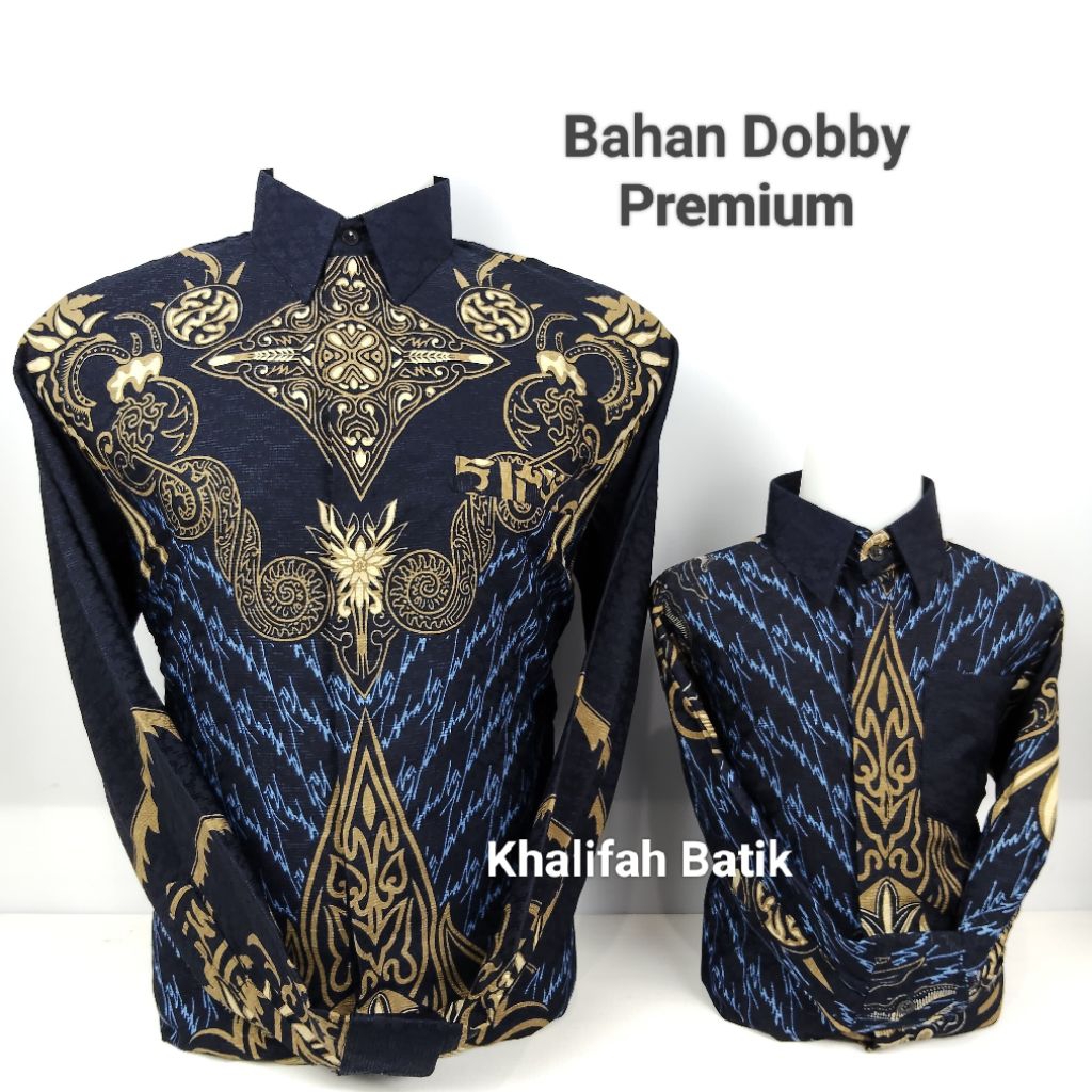Kemeja Batik Couple Ayah Dan Anak warna Biru Navy Bahan Dobby Premium