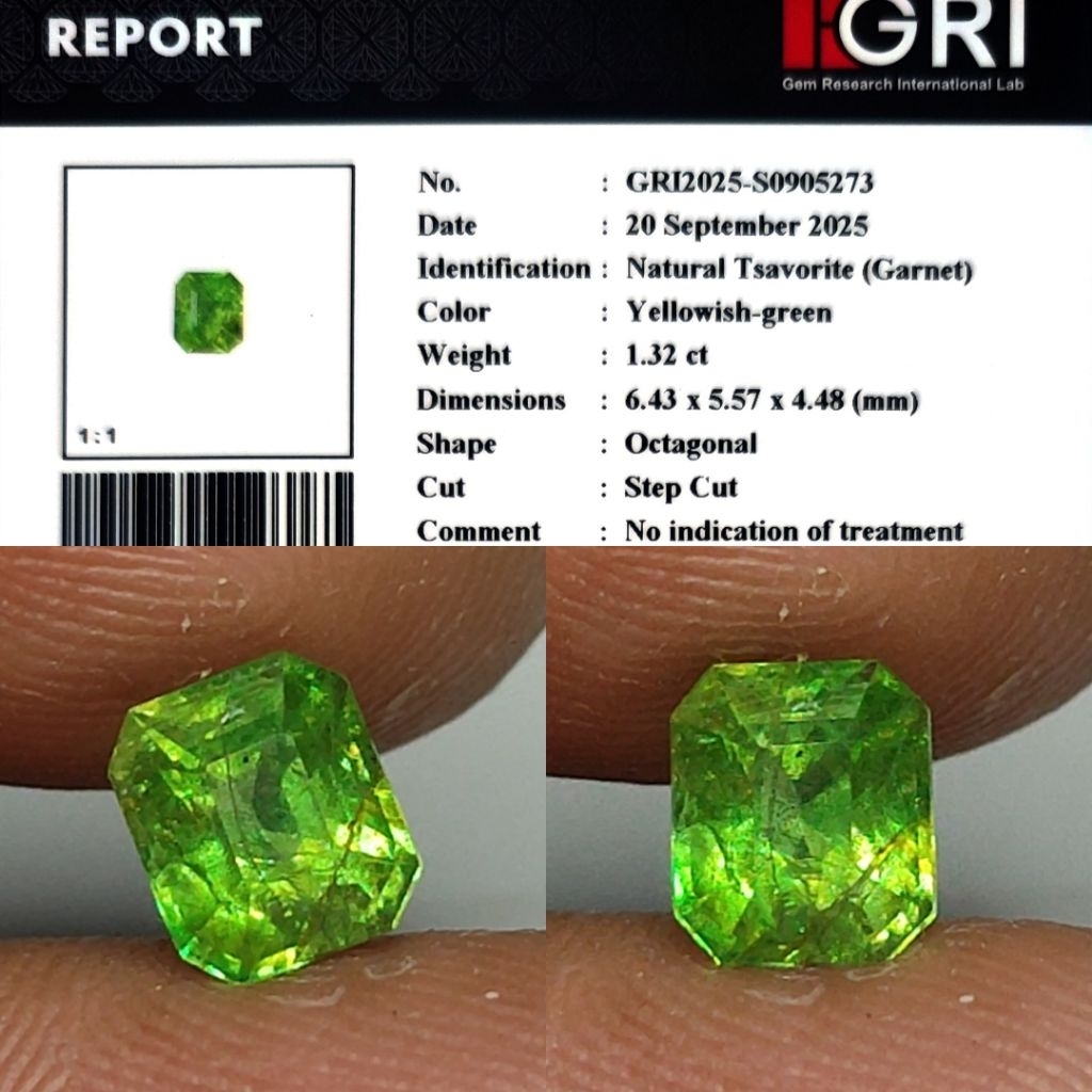 Natural Tsavorite Garnet 1.3ct GRI Material Top Crystall Full Luster Gemericik Nice Color Body Kaca 