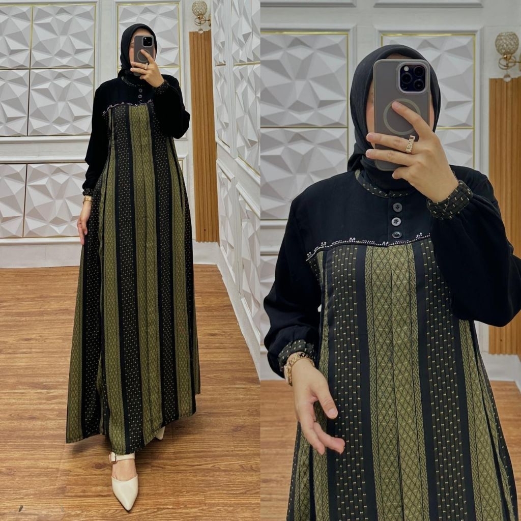 ADeliya _ Gamis Hitam Abaya Turkey / Gamis Jet black Hitam Super Mix Cosella Motif Etnik