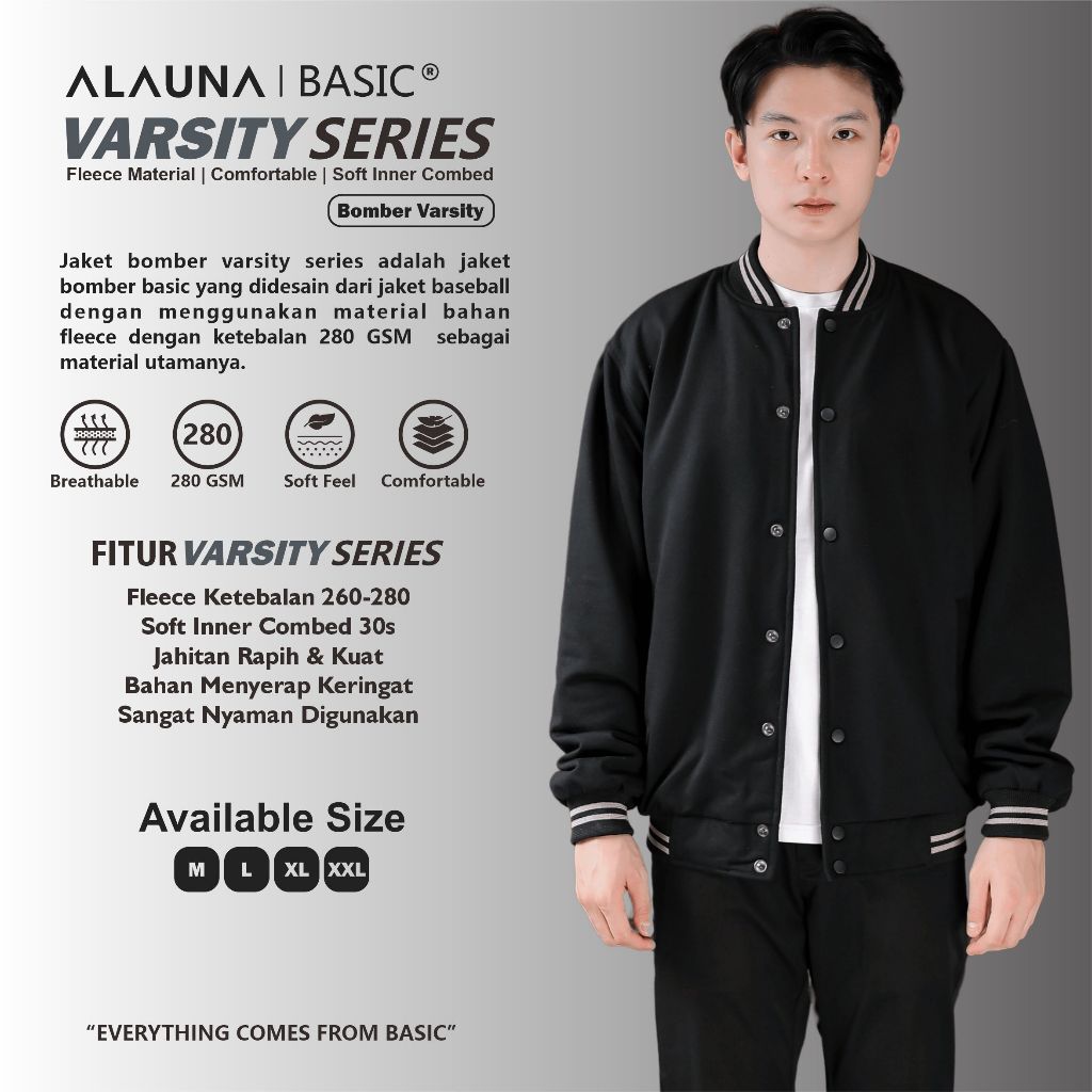 Jaket Pria Bomber Varsity Jacket Baseball Polos Basic Bahan Fleece Premium