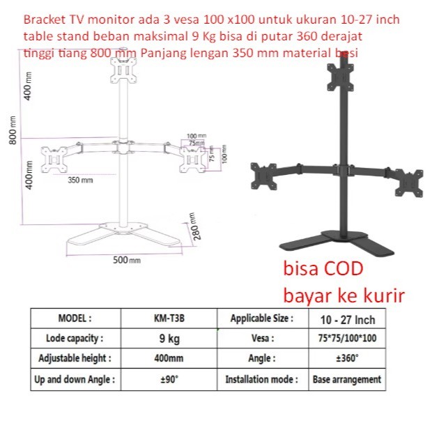 Bracket TV monitor ada 3 vesa 100 x100 untuk ukuran 10-27 inch table stand beban maksimal 9 Kg bisa 