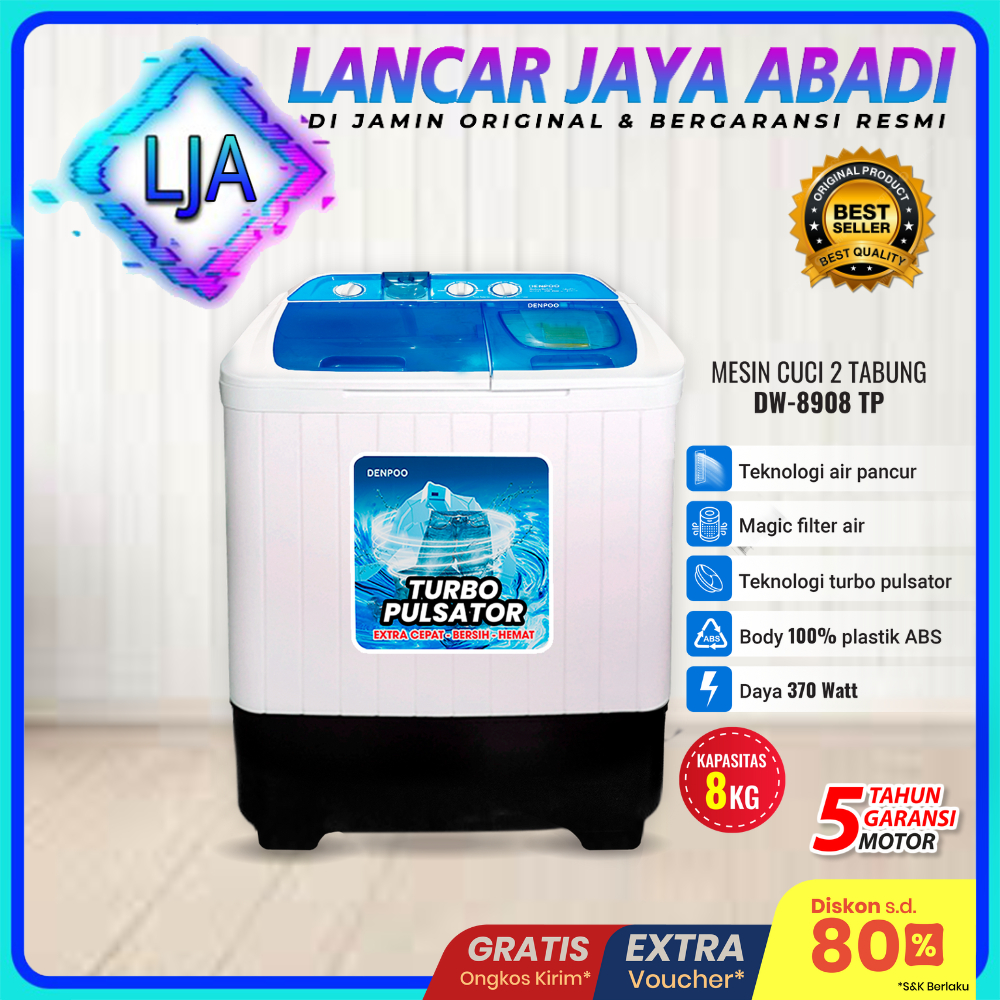 Mesin Cuci 8 Kg 2 Tabung Denpoo DW 8908 Pulsaror - DW 8908