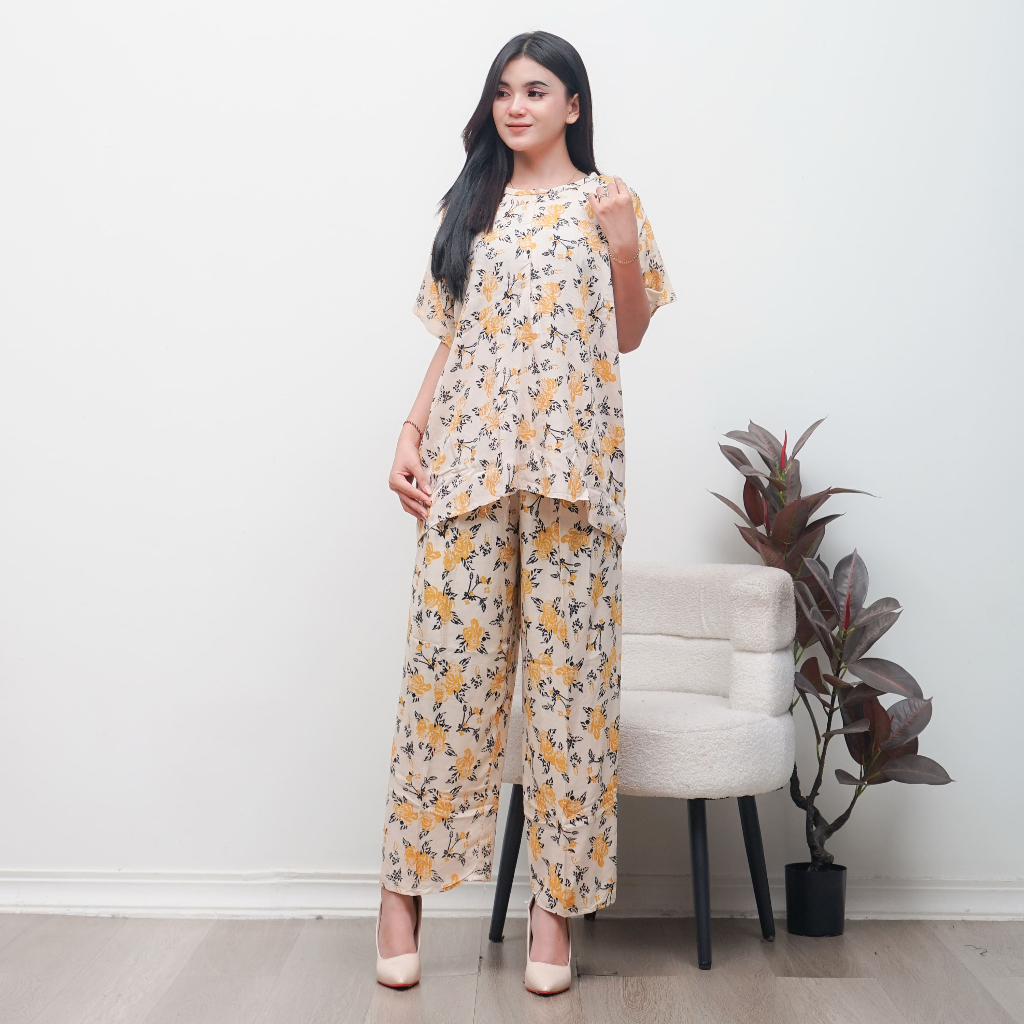 One Set Wanita Kekinian Adem Nyaman Busui Friendly Printing Rayon Lembut Motif Bunga Sahara