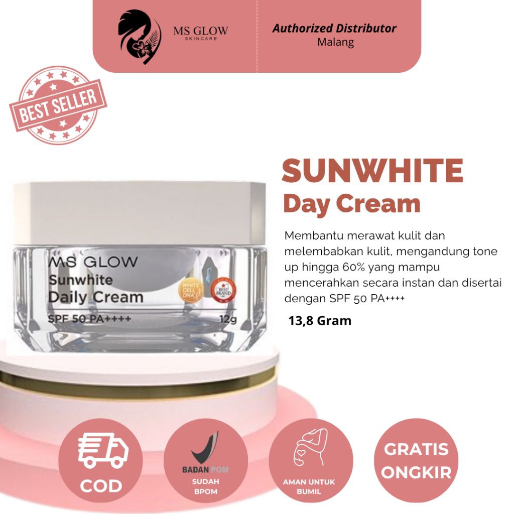 MS Glow Sunwhite Day Cream 13,8gr| Krim Siang MS Glow Pencerah Wajah Instan SPF 50 PA++++, Melembabk