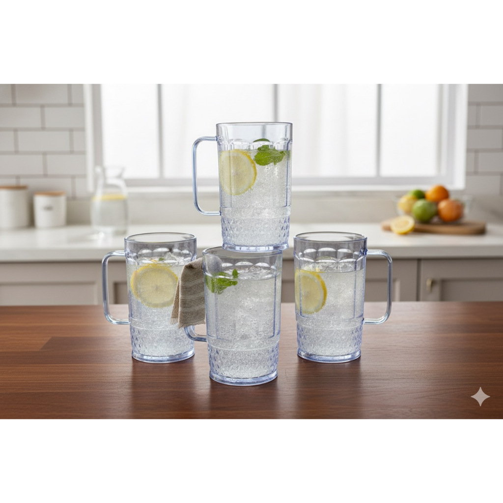 Paket 6 Pcs Gelas Jumbo Bening Gagang Plastik Tebal / Cangkir Gagang Transparan Bening