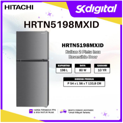Kulkas Hitachi HRTN5198MXID Kulkas Kecil 2 Pintu Small 2 Door Refrigerator 181 Liter