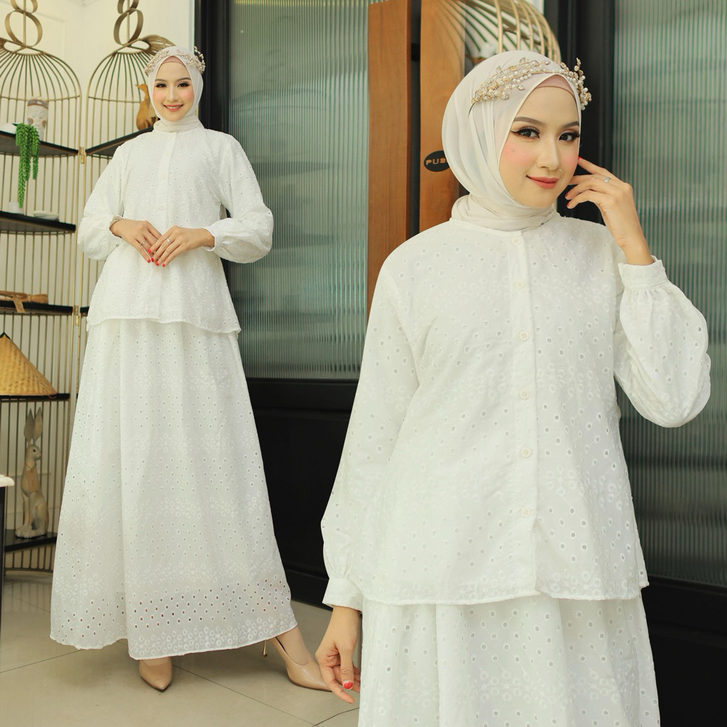 STELAN KATBOL PREMIUM / STELAN MEWAH DAN ELEGAN BAHAN KATUN BOLONG / STELAN KATUN BOLONG MODEL ROK