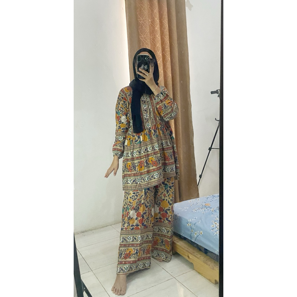 ONE SET RAYON MOTIF BUNGA BAHAN ADEM PREMIUM LENGAN PANJANG CELANA KULOT