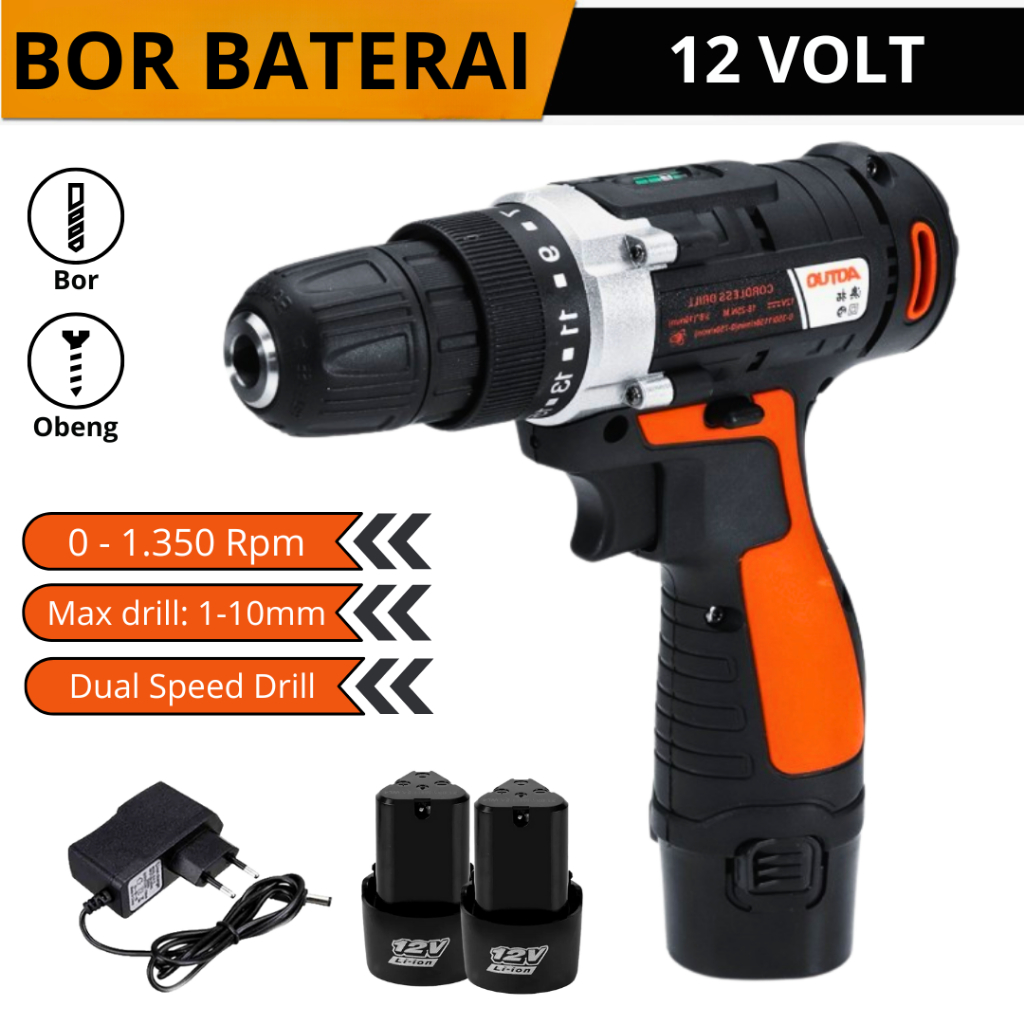 Mesin Bor 12V Cordless Aotuo Portable BONUS Baterai 2Pcs 12Volt