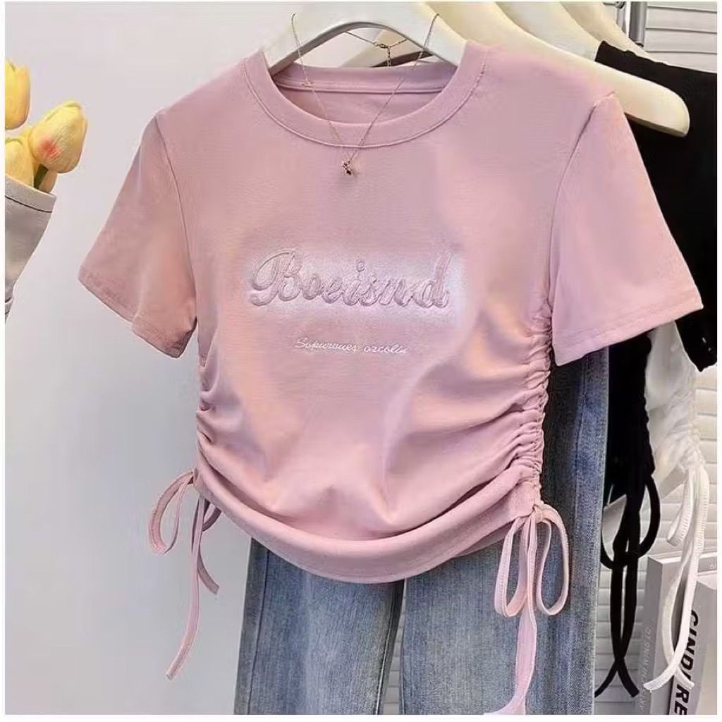 Tshirt Boeisnd Baju Serut Wanita Crop top Baju Kaos Wanita Kekinian