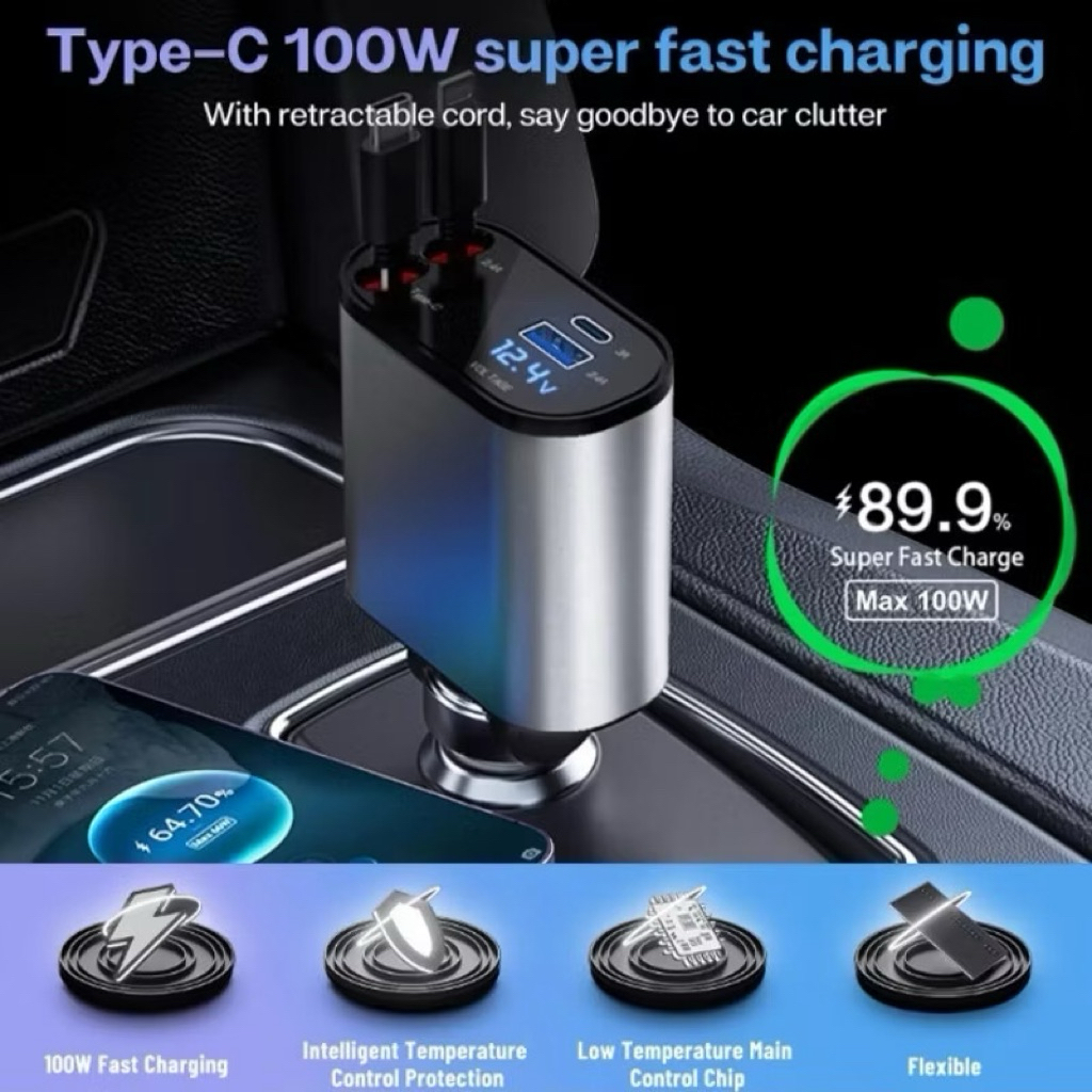 hot deals 4in1 retractable car charger colokan mobil ios type-c charger mobil fast charging case hp