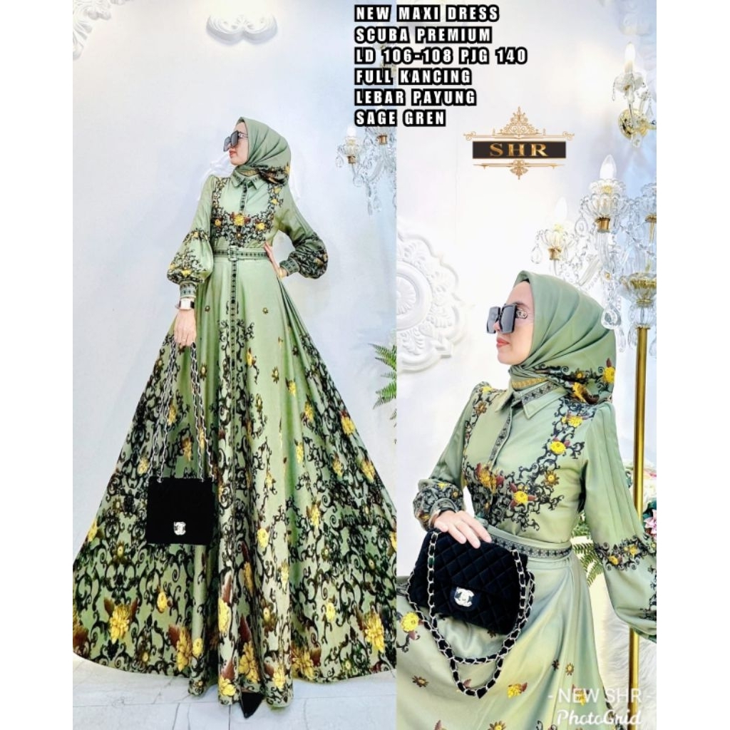 Maxi Dress Gamis Scuba Shr Ori Motif Bunga Cantik