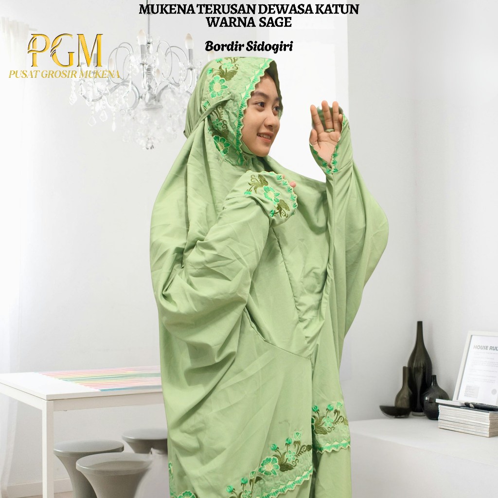 Mukena Terusan Dewasa Bahan Katun Mikro Warna Dasar Sage Motif Bordir Bunga Sidogiri Indah