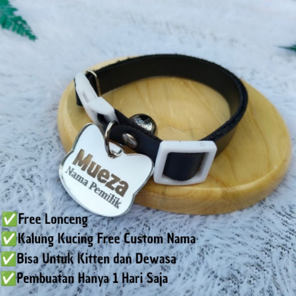 kalung kucing custom nama gesper putih bentuk kepala kucing bahan liontin akrilik silver