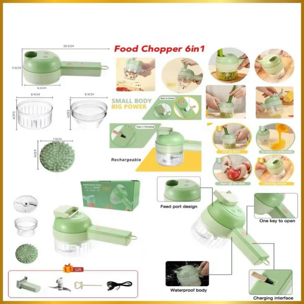 Food Chopper 6in1 Blender Grinder Elektrik Penggiling Bumbu Pemotong Sayur Mini Portable Serbaguna