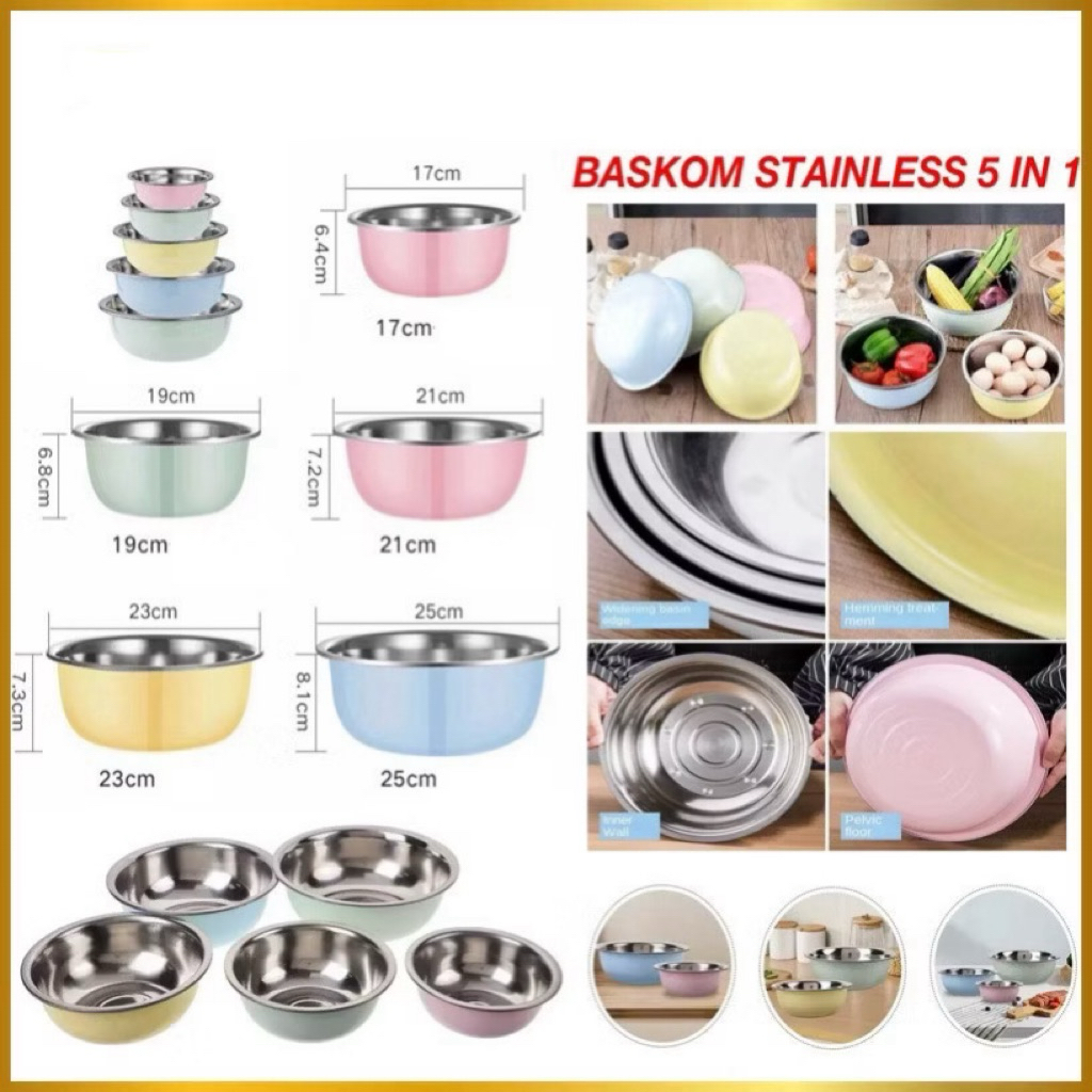 Baskom Stainless Steel 5in1 Paket Baskom Stell Bowl Warna Warni High Quality Serbaguna