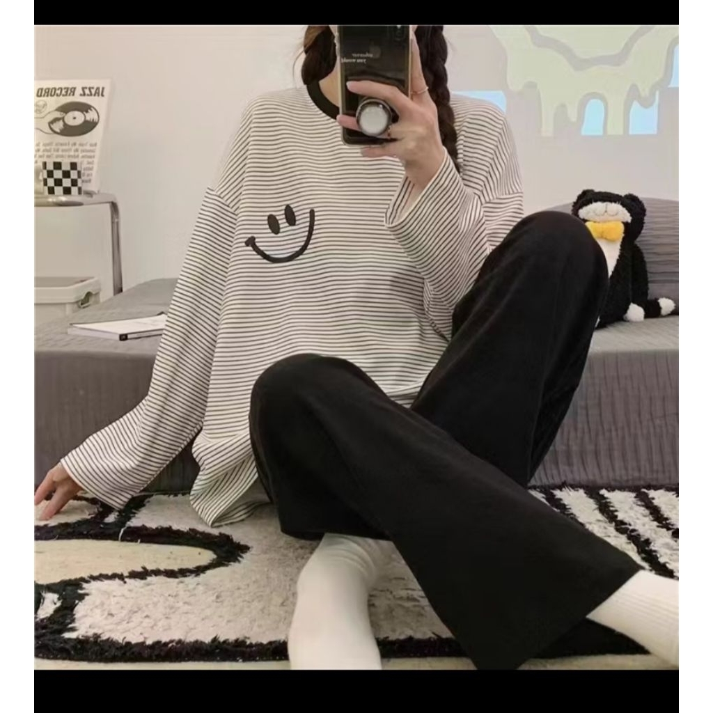 Piyama smile jumbo piyama stripe jumbo piyama salur piyama wanita jumbo