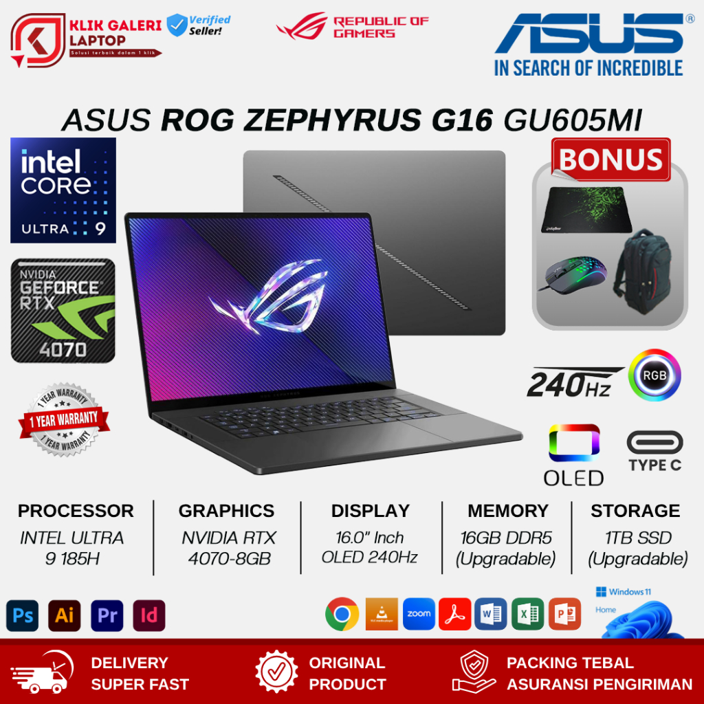 ASUS ROG ZEPHYRUS G16 GU605MI INTEL CORE ULTRA 9 185H 16GB 2TB SSD RTX4070 OLED WQXGA 240Hz RGB
