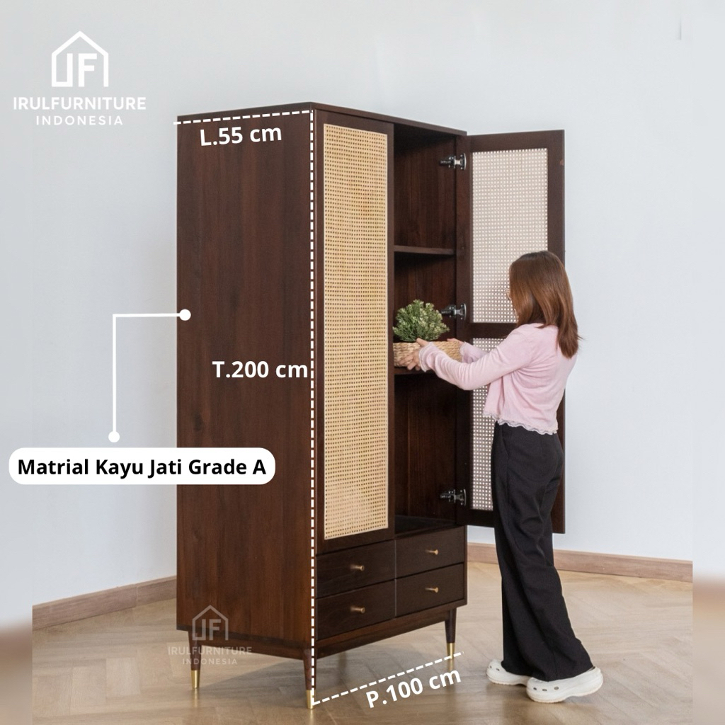 Lemari Pakaian Kayu Rotan Minimalis | Lemari Baju Kayu Jati Anyaman Rotan | Lemari Kayu Natural Vint