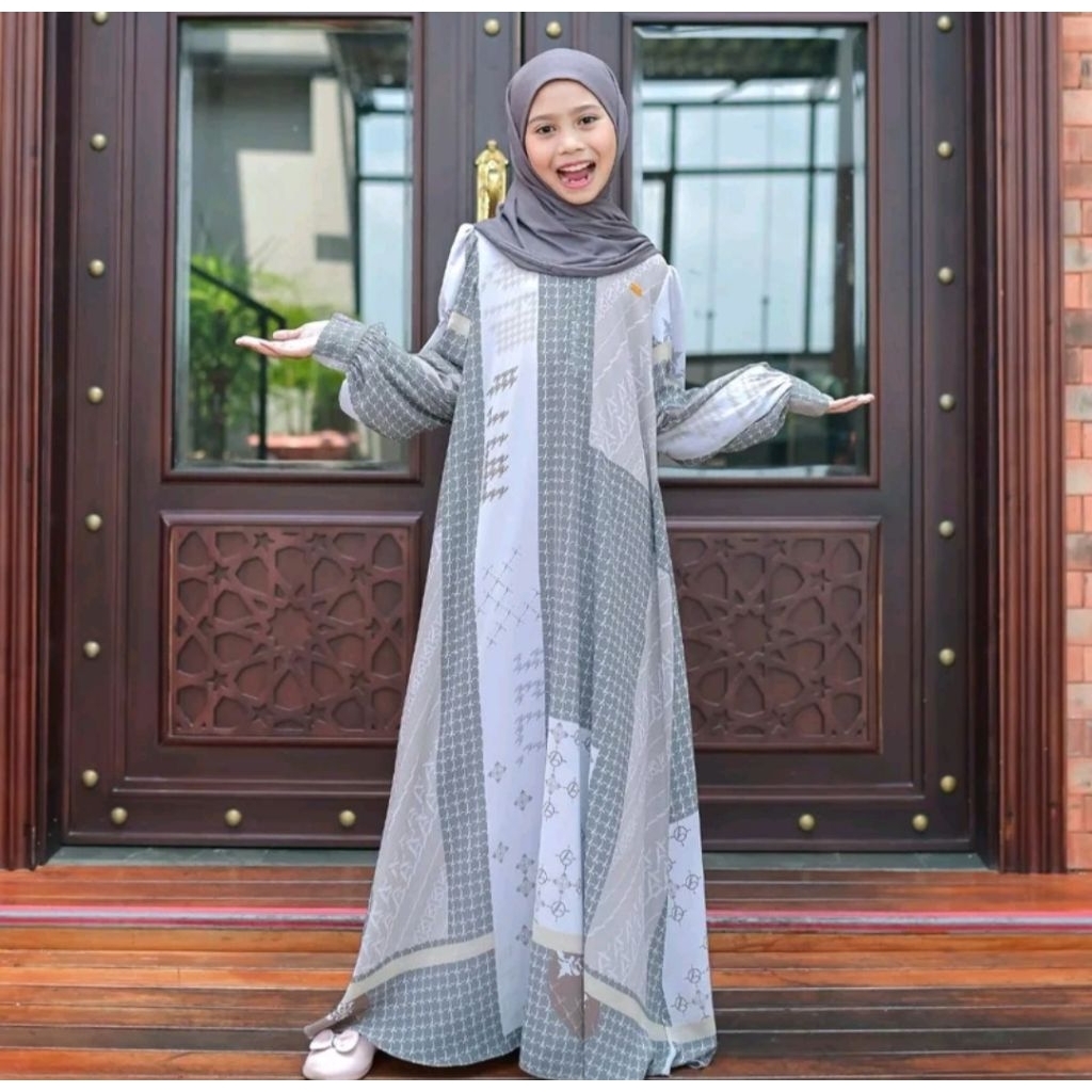 Aisyalina Id Sarimbit Collection Belrissa Kids Dress Tanpa Khimar Bahan Ceruti  Motif Printing Full 
