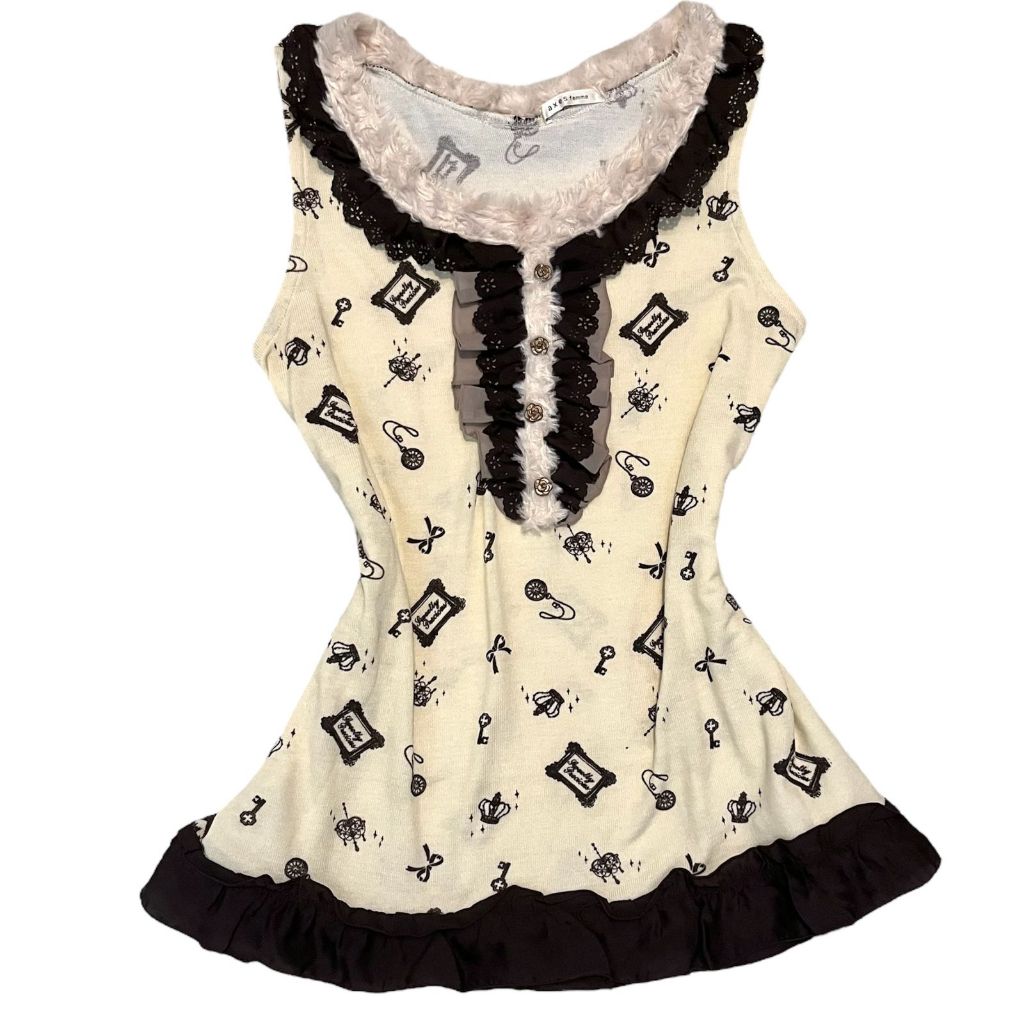 Axes Femme Fuzzy Knit Eyelet Pointelle Babydoll Graphic Tanktop | Vintage pattern cottagecore fairyc