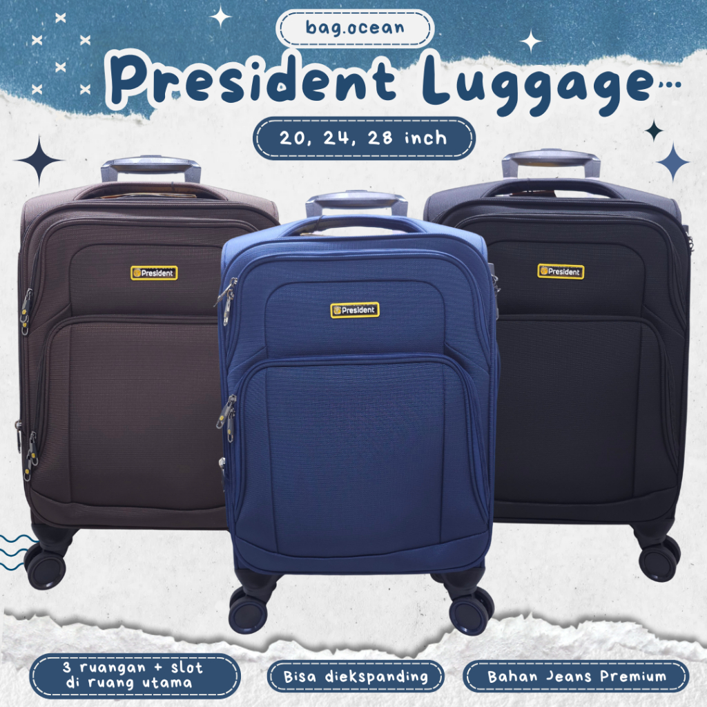 Koper PRESIDENT PREMIUM BARU 4 RODA PUTAR / KOPER JEANS PRESIDENT GARANSI 2 TAHUN / KOPER KAIN JEANS