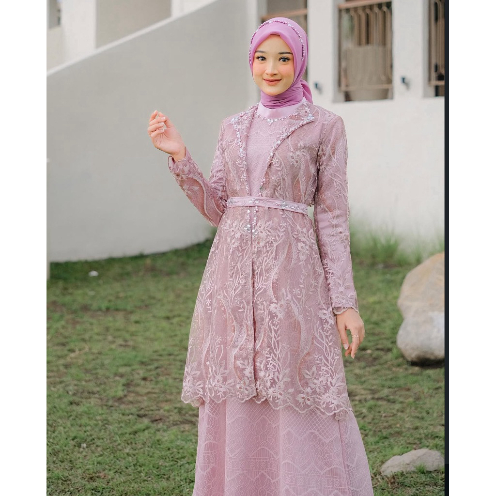 12.12 MEGA SALE Oneset Outer + Inner Long Dress Gamis Wedding Pesta Mewah Barbie Pink Mauve Elegan /