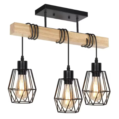 AS Rustic Vintage Wood Ceiling Light, 3-Light Retro Semi Flush Mount Ceiling Light Fixture, Industri