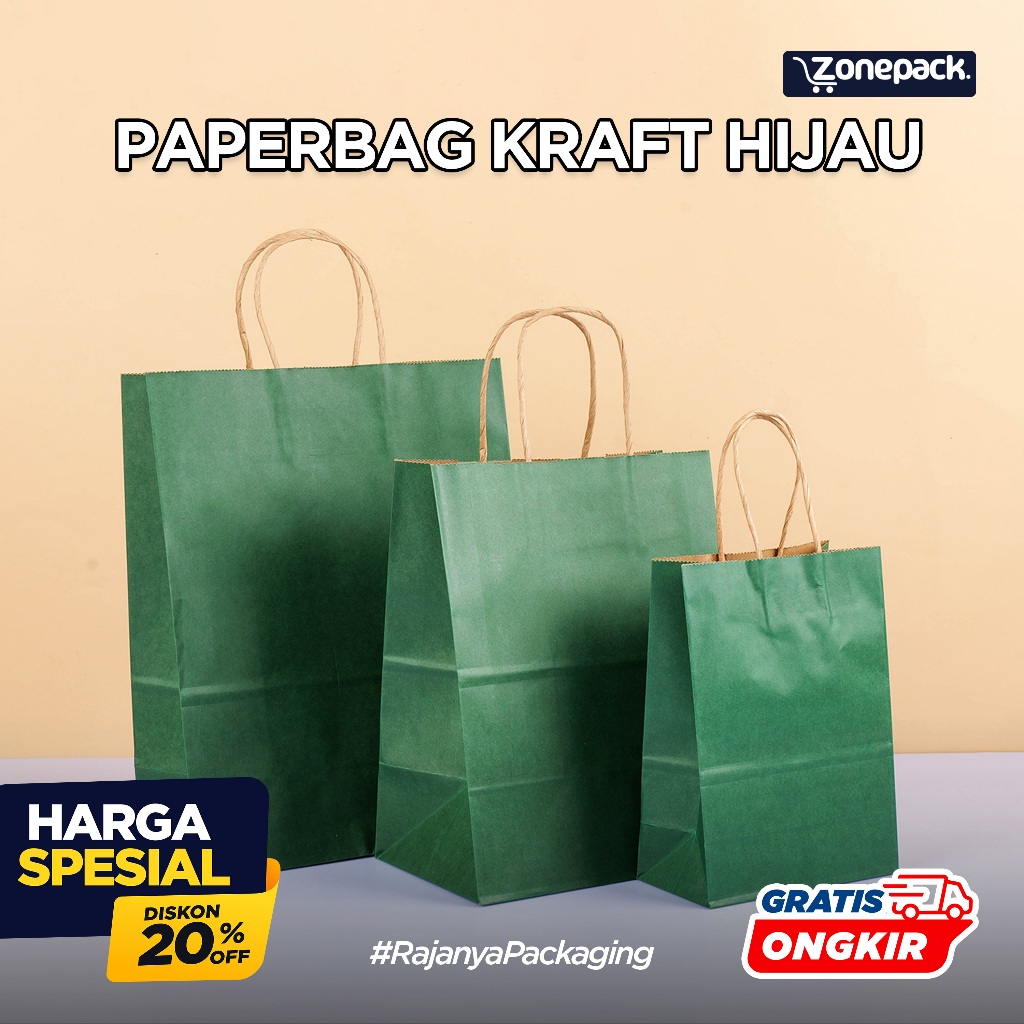 Paperbag Kraft Polos Warna Hijau  | Paperbag Shopping Bag | Paperbag Warna | Tas Kertas Polos Kraft 