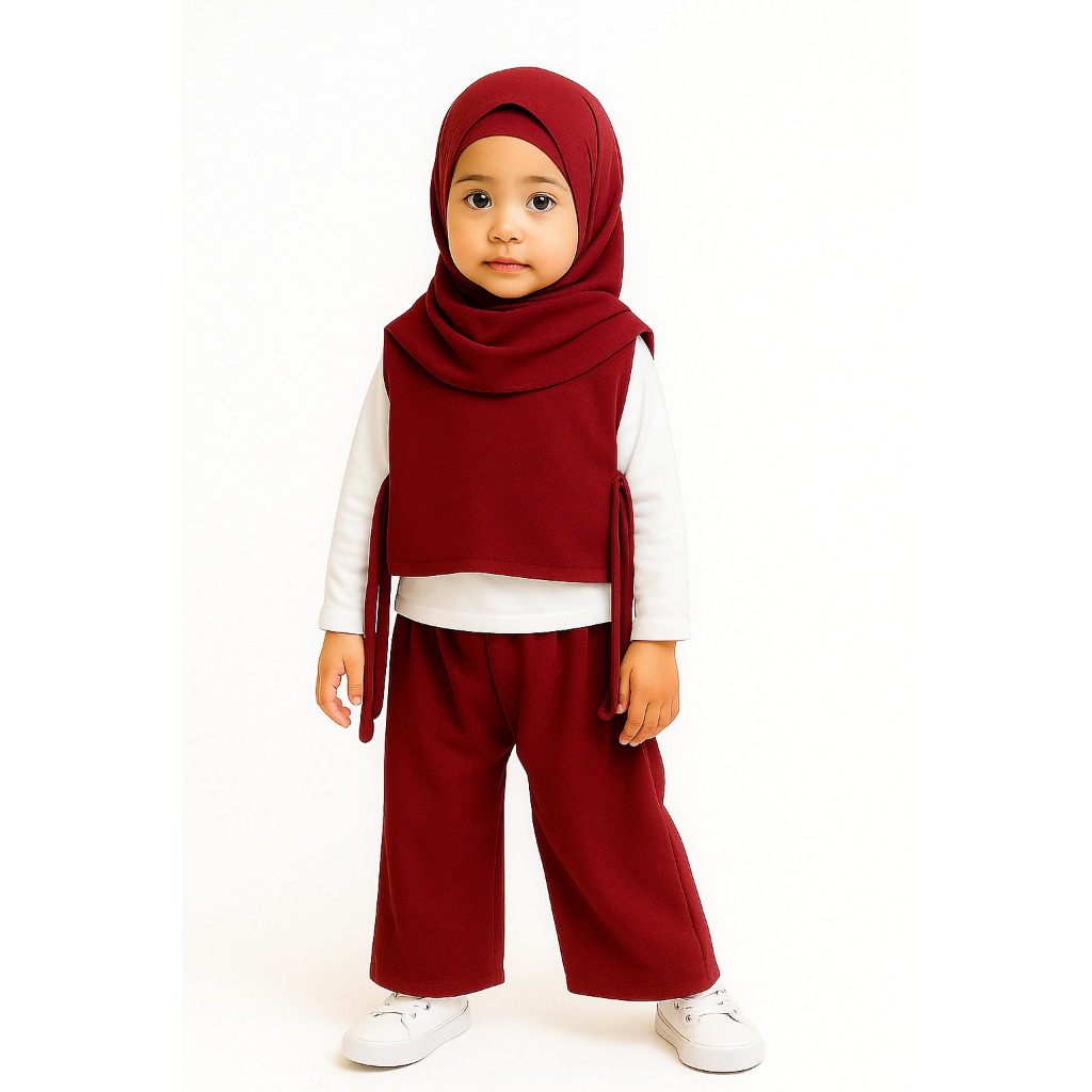 STELAN CHIKA ( BAJU + ROMPI + CELANA ) ANAK PEREMPUAN WARNA MARUN USIA 3 TAHUN - 12 TAHUN