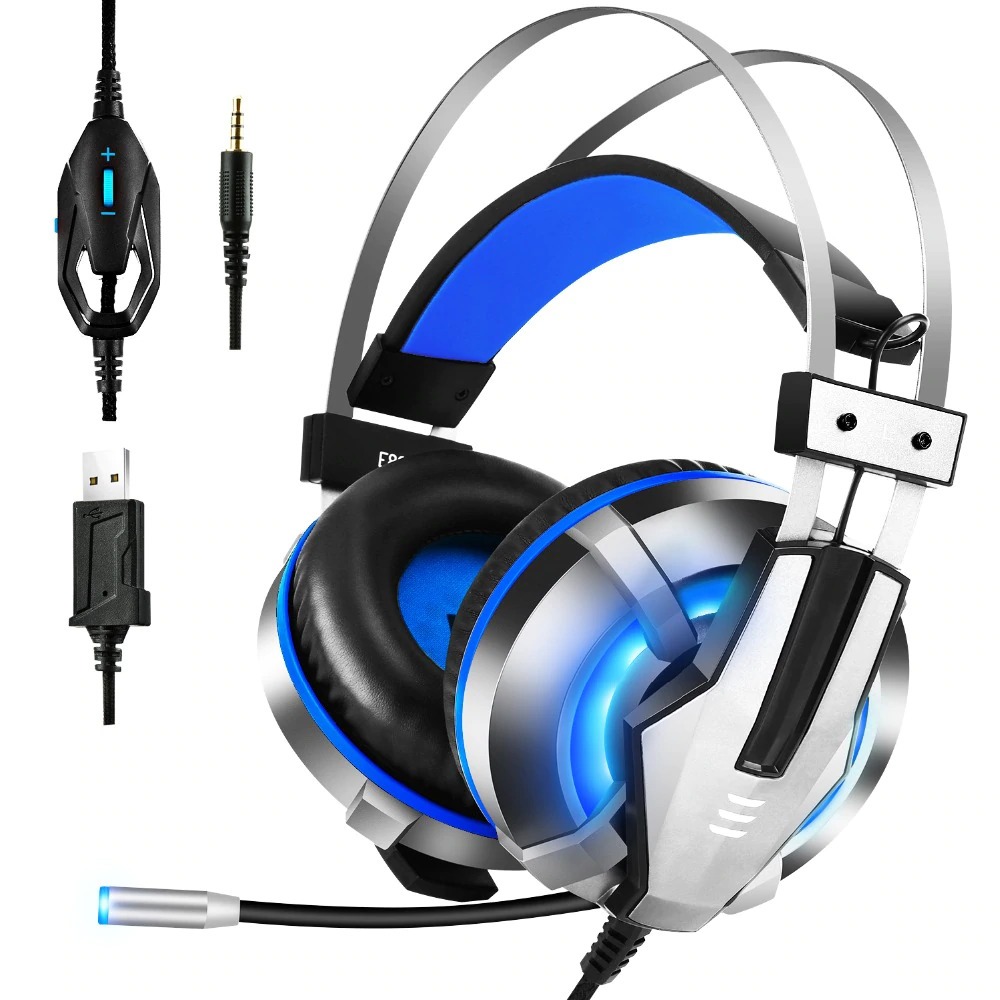 EKSA Gaming Headphone Headset LED with Mic Blue Hedset Geming Speaker Keren