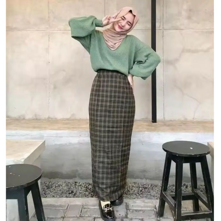 Rok Wanita Semi Wol Premium High Quality / Rok Panjang Wanita Motif Kotak Kotak / Rok Motif Terbaru