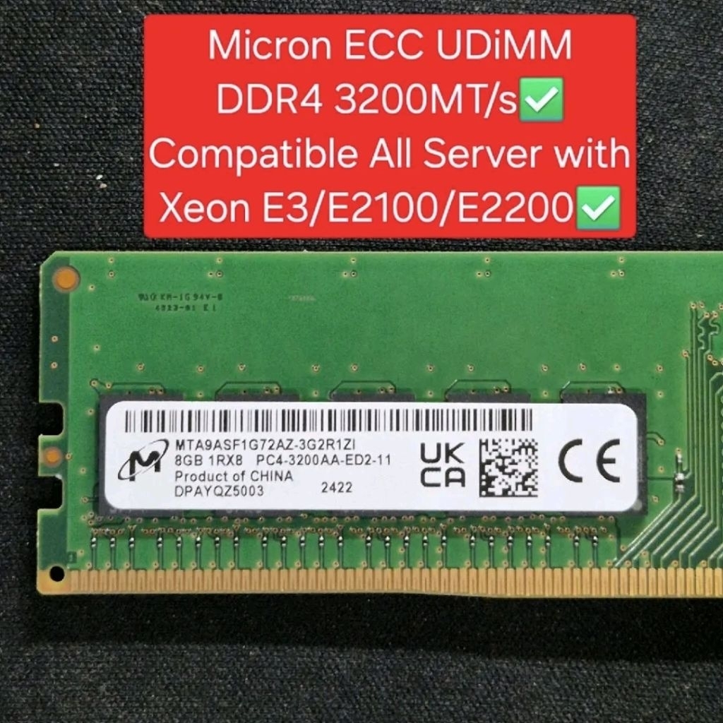 Memory RAM Server Dell T40 8GB ECC DDR4 UDIMM 1Rx8 PC4-3200AA 3200Mhz PC3200 Micron MTA9ASF1G72AZ-3G
