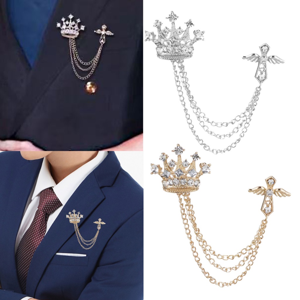Bros Baju Rantai Gaya Retro Korea Bros Mahkota dan Rumbai Salib Inggris Lencana Aksesori Jas Pria