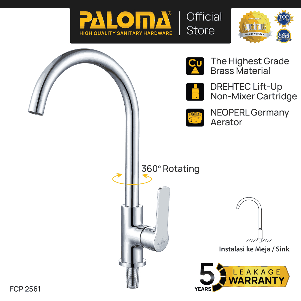 PALOMA FCP 2561 Kran Leher Angsa Keran Dapur Kran Cuci Piring Kran Air Sink Brass Kuningan Chrome Kr