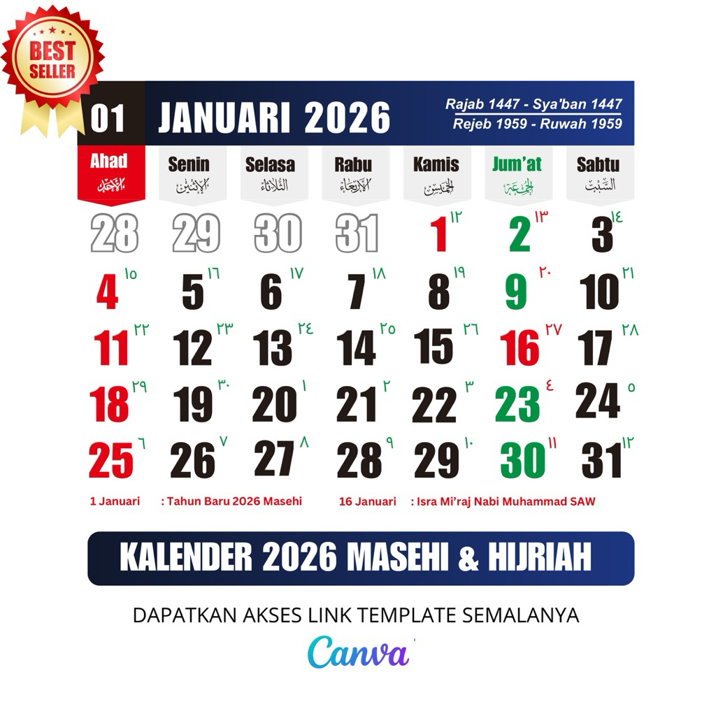 Template Canva Kalender 2026 Masehi & Hijriah