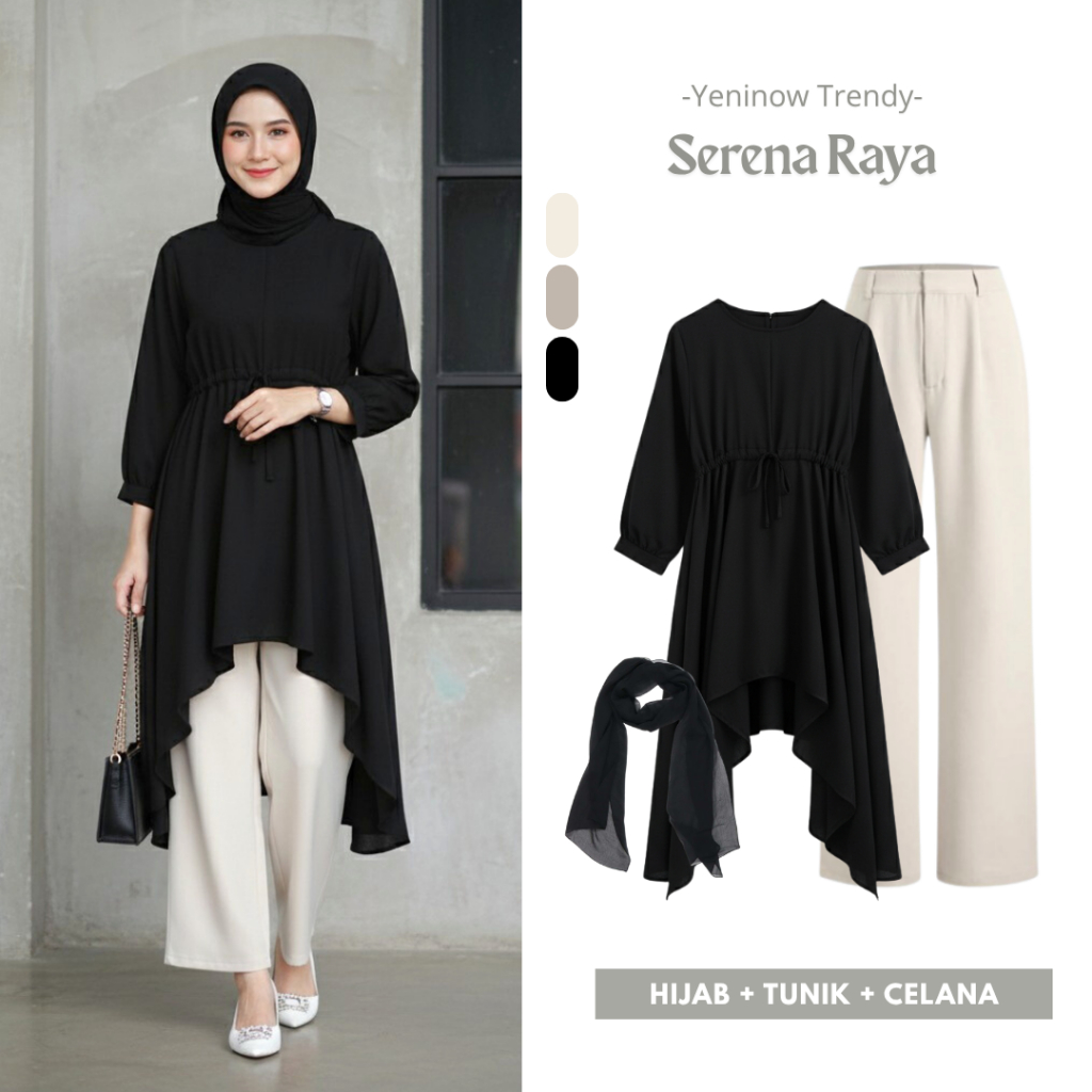 Serena Raya One Set 3in1 Panjang (Tunik,Celana,Hijab) Setelan Wanita Kekinian Atasan Panjang Hitam P