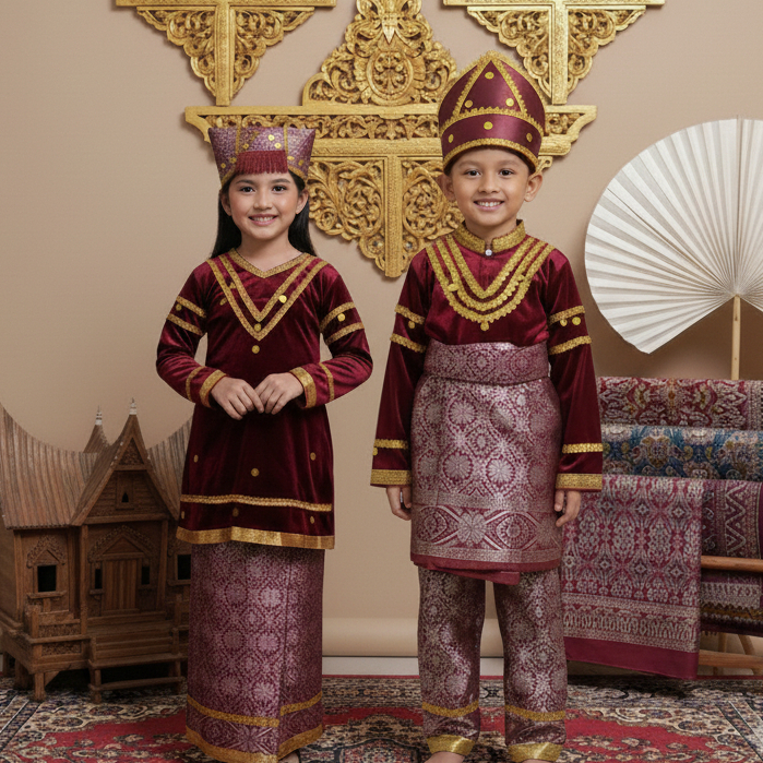 Setelan Baju Bludru Songket Adat Minang Anak / Kostum Anak Adat Padang Minang