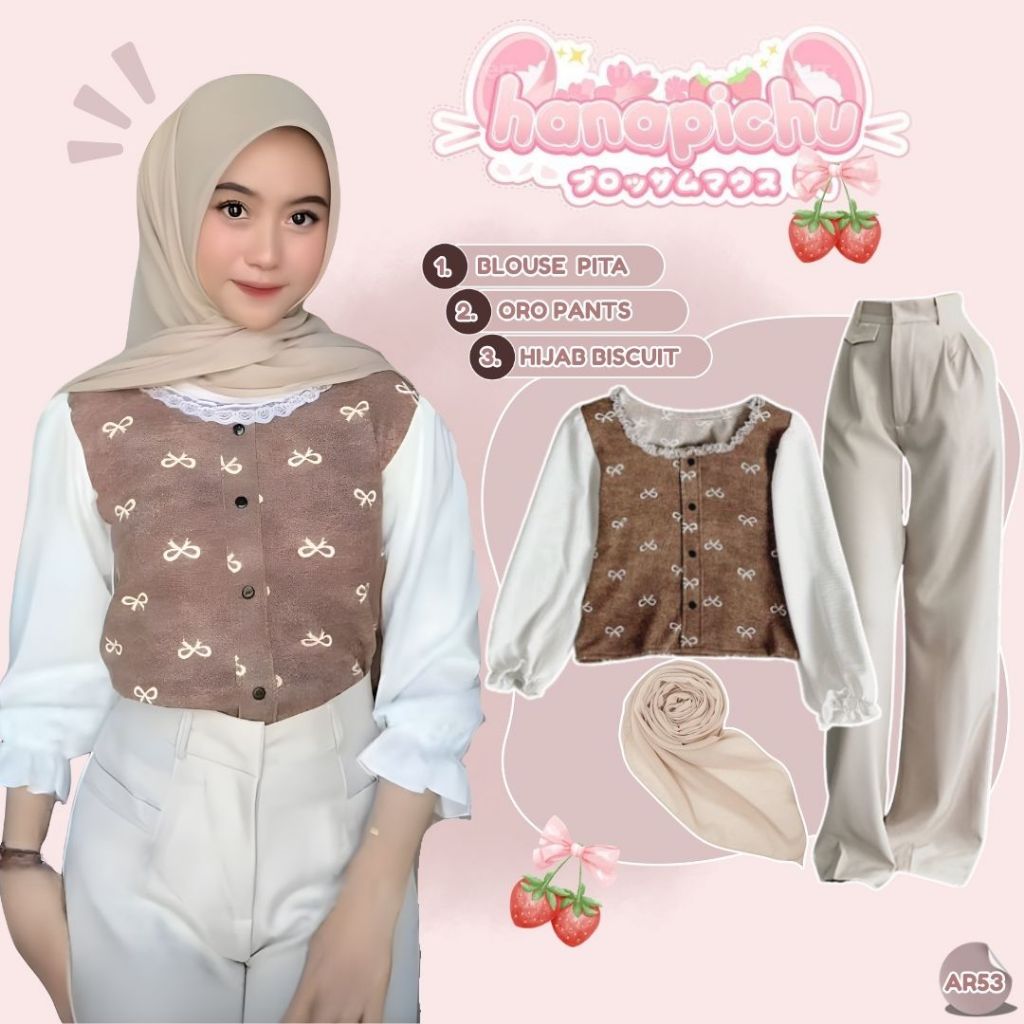 Fashion Hijab Korea Style (Blouse Pita+Oro Pants+Hijab Biscuit) Outfit Wanita Kuliah & Hangout -AR53
