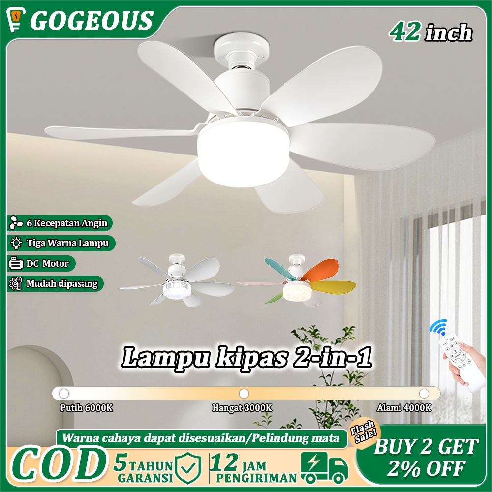 GOGEOUS Lampu Kipas Angin Gantung Plafon Lampu langit-langit multifungsi dengan remote LED E27 2IN1 